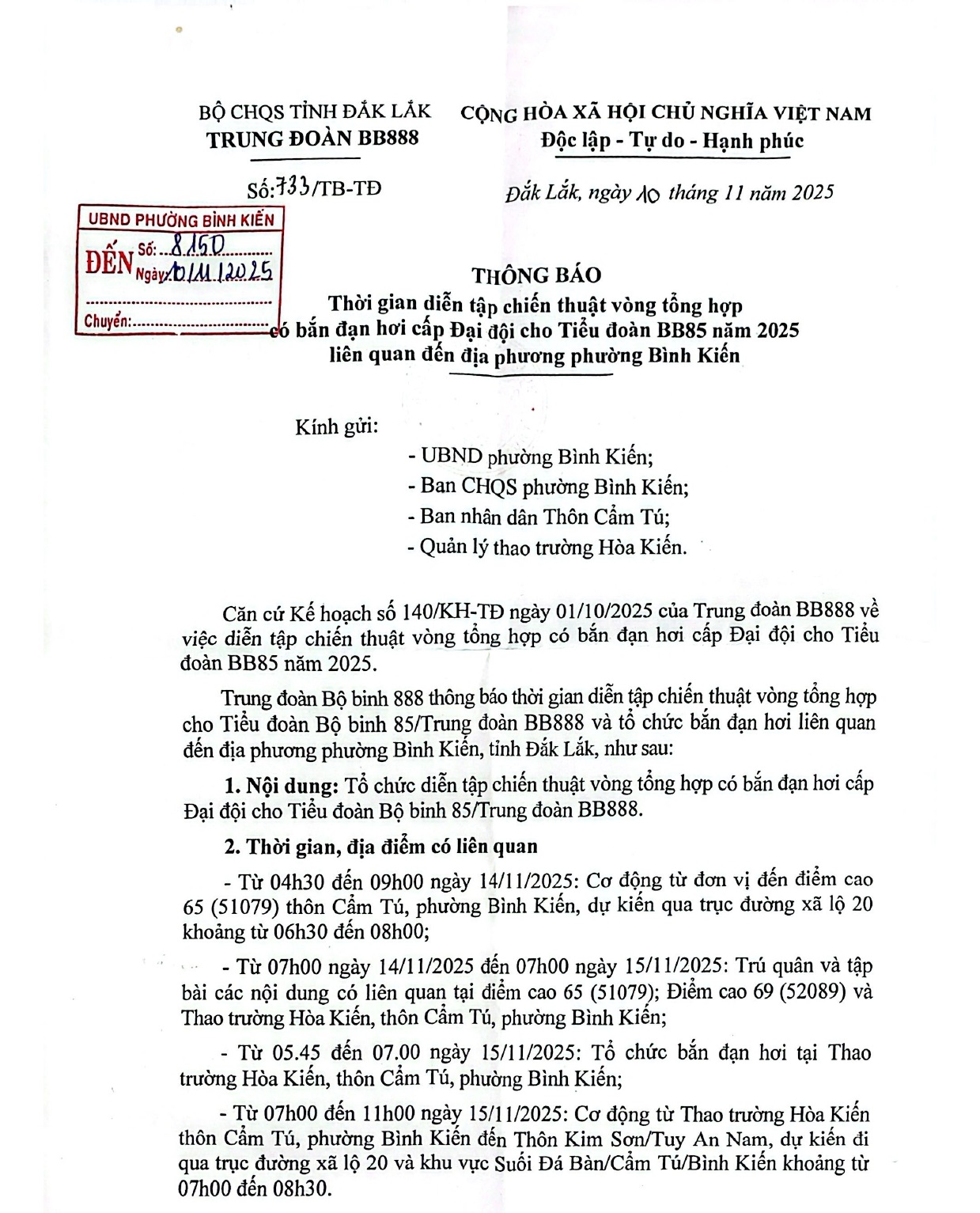 Thông báo thời gian diễn tập chiến thuật vòng tổng hợp có bắn đạn hơi cấp Đại hội cho Tiểu đoàn BB85 năm 2025 liên quan đến địa phương phường Bình Kiến